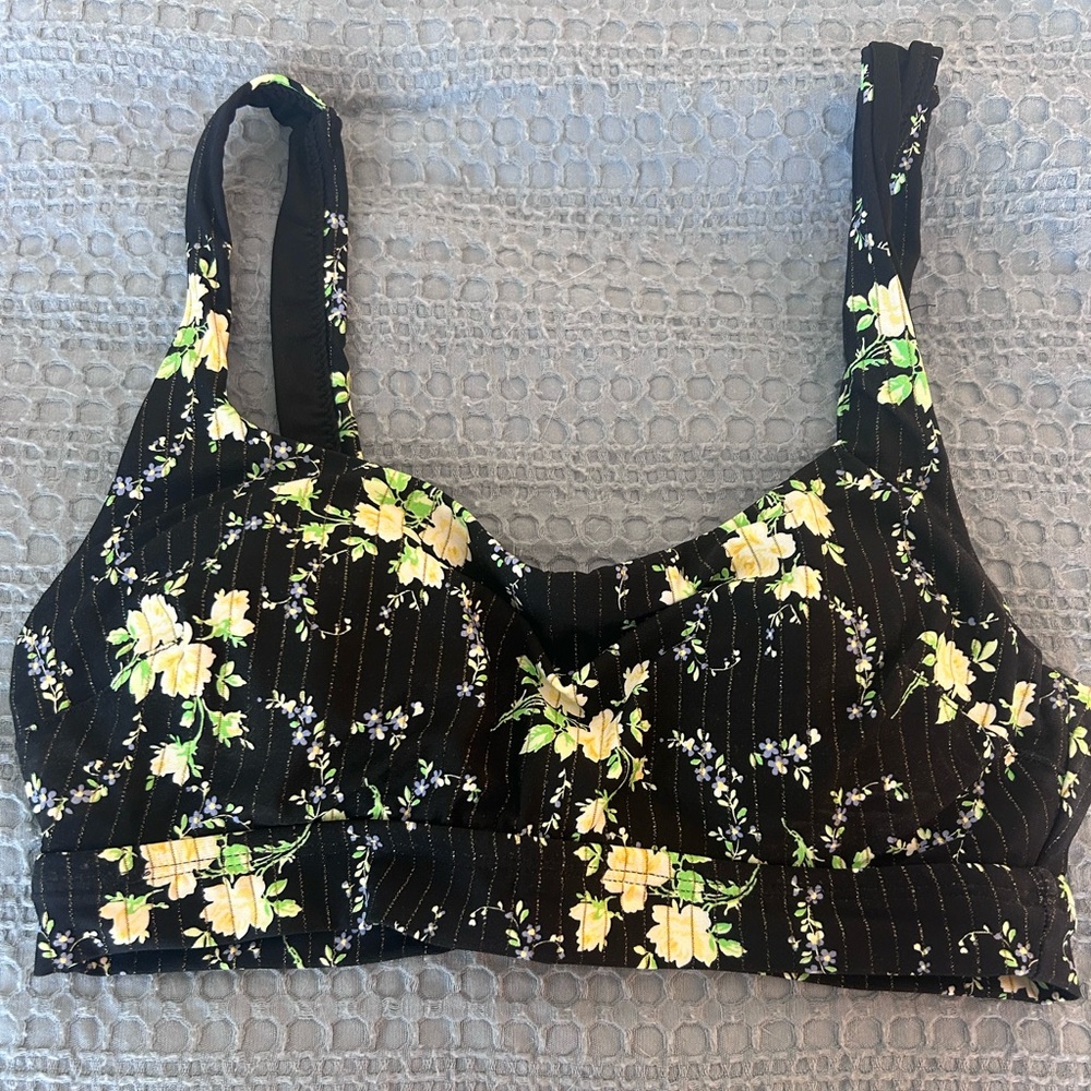 aerie Black Floral Pinstripe Bikini Top and two high waisted bottoms